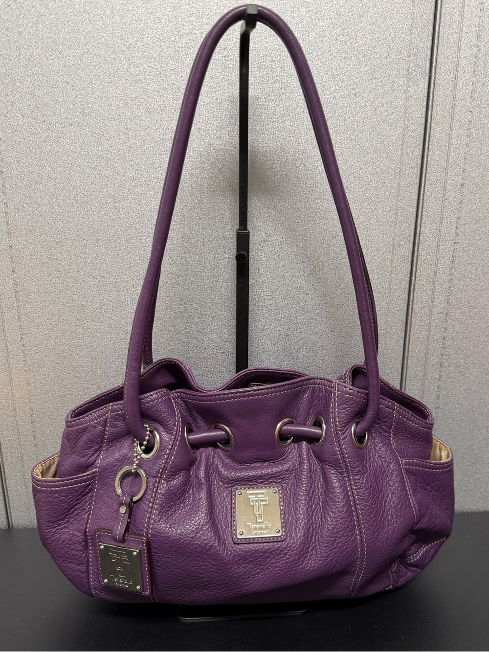 Tignanello Purple Pebbled Leather Shoulder Bag Silver Hardware